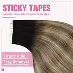 YoungSee Human Hair Tape in Extensions Black Balayage Tape in Hair Extensions Human Hair Black Ombre Brown with Caramel Blonde Tape-in Extension Ombre Hair Extension Tape-in 16 Inch 20pcs 50g