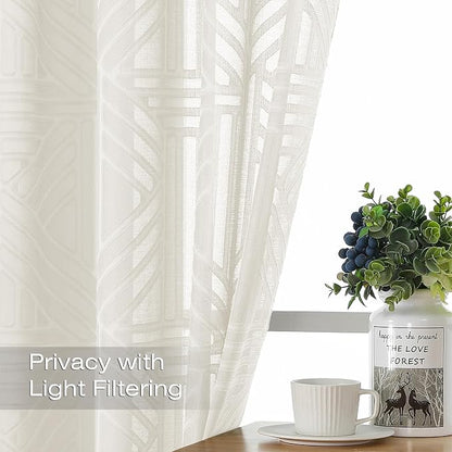 Simplebrand Ivory Semi Sheer Curtains 54 Inch Length 2 Panels, Geometric - Image 2