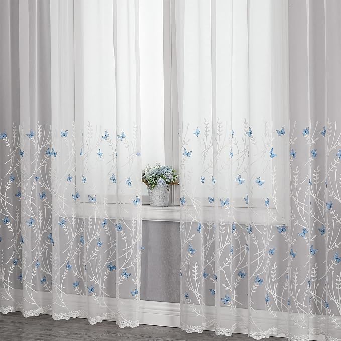 White Sheer Voile Curtains White Embossed Butterflies 72 Inches | Light - Image 8