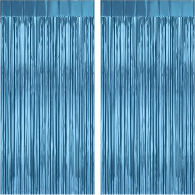 2 Pack Lake Blue Foil Fringe Curtains Tinsel Backdrop, 3.2Ft x 8.2Ft Metallic by welcomePIGETALE