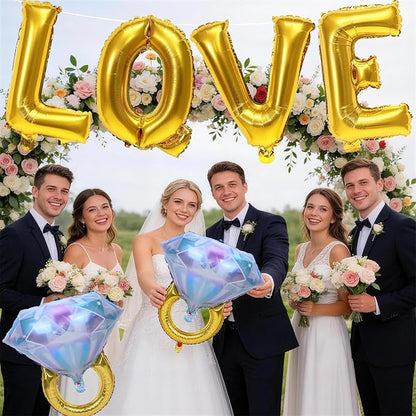 40inch Gold Love Balloons with 2pcs Diamond Ring Foil Balloons, Large Love - Image 4