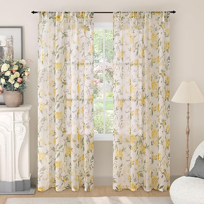 Floral Sheer Curtains for Bedroom Window 72 Inch Length 2 Panels, Farmhouse by Lajode