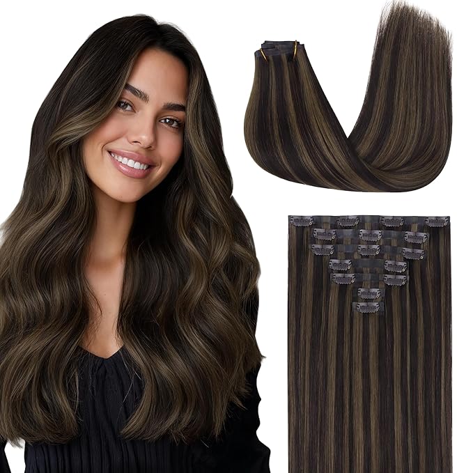 GOO GOO Clip in Hair Extensions Real Human Hair, Remy Human Hair Extensions Clip ins for Women, Natural Human Hair, 18inch 110g 7 Pcs, #2/6 Dark Brown Highlighted Chestnut Brown