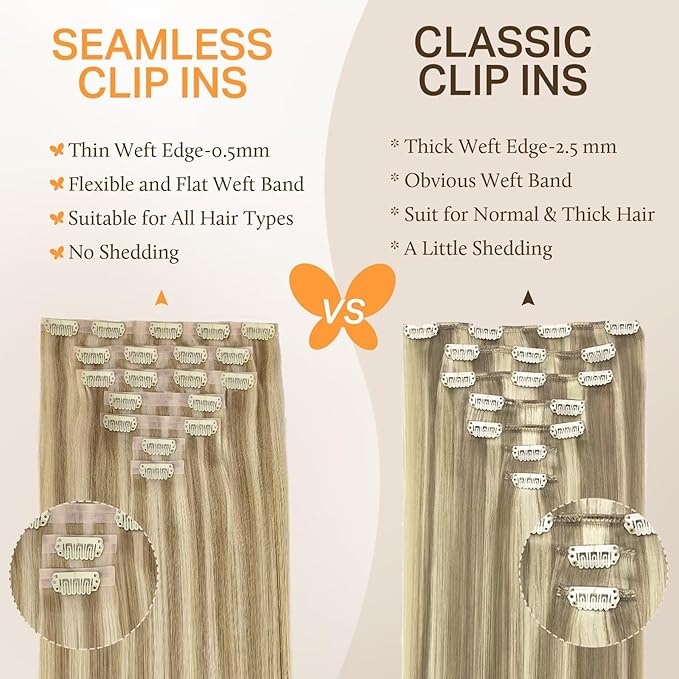 DOORES Seamless Clip in Hair Extensions, Light Blonde Highlighted Golden Blonde 130g 7pcs 18 Inch, Virgin Human Hair Clip in Extensions