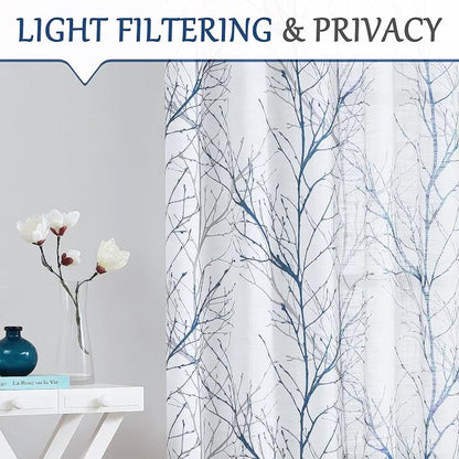 FMFUNCTEX Linen Blue White Semi Sheer Print Curtains 72 Inch Long 2 Panels | - Image 3