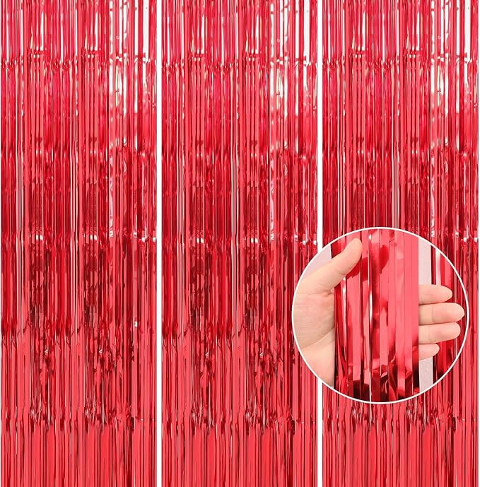 Crosize 8 Pack Red Party Streamers Backdrop, 3.3 x 9.9 ft | Tinsel Foil Fringe by Crosize