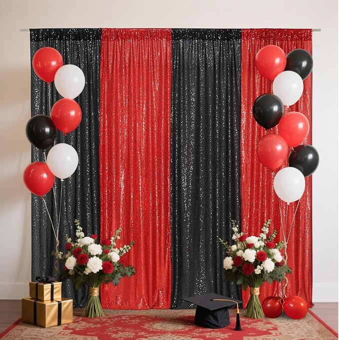 Eternal Beauty Black & Red Sequin Backdrop Curtains, 4 Panels 2x8FT | 3mm - Image 5