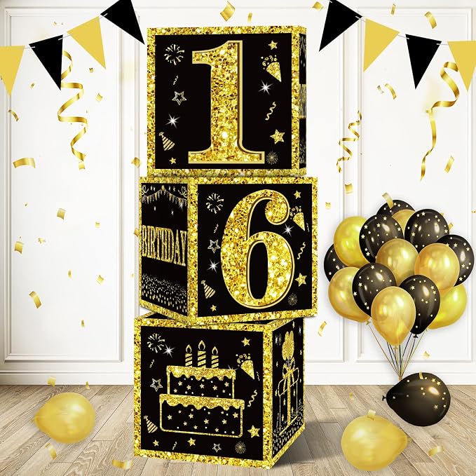 Eiurteao 3pcs Black Gold 16th Birthday Decorations Boxes by Eiurteao