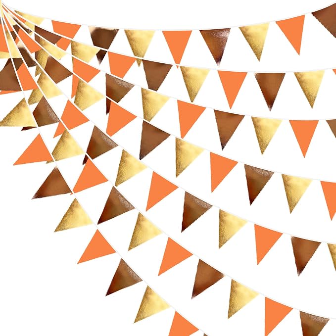 Fall Party Decorations Orange Gold Brown Metallic Fabric Triangle Pennant by pinkblume