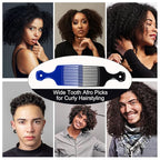 2 Pcs Hair Pick Comb Wide Tooth Lift for Hair Styling Detangling Plastic Afro Comb for Women Men (Black, Blue)