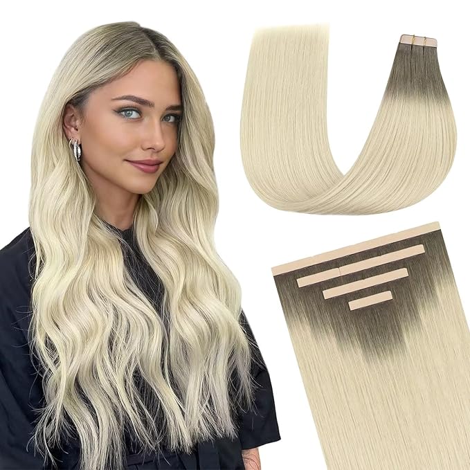 DOORES Tape in Hair Extensions Human Hair Balayage Light Ash Brown to Ash Blonde 24 Inch 10pcs 30g Human Hair Extensions Tape in Remy Natural Hair Extensions Straight