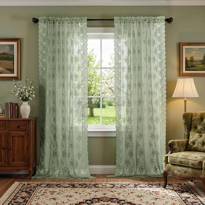 Kotile Vintage Sage Green Lace Curtains - Image 5