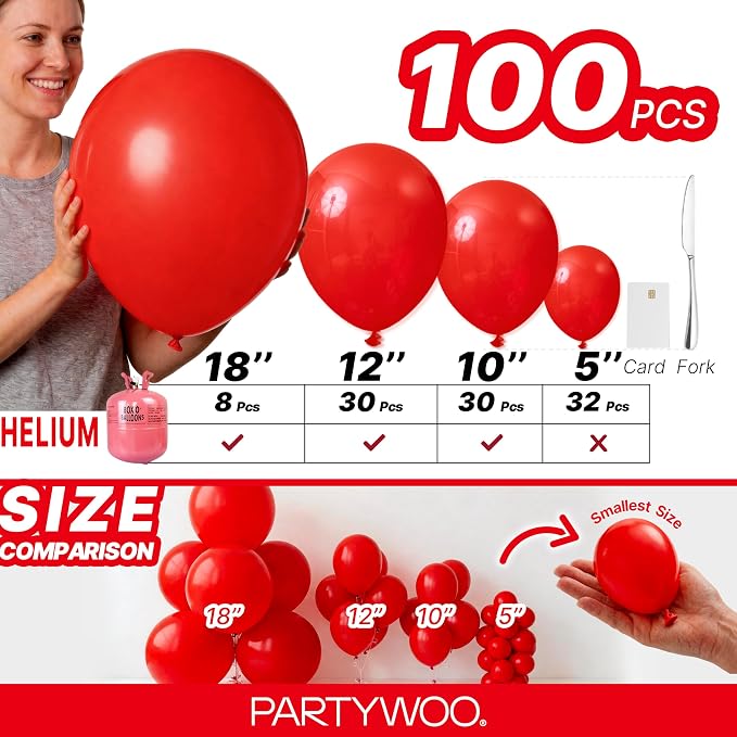 PartyWoo Red Balloons 100pcs Different Sizes of 18 12 10 5 Inch | Balloons - Image 6