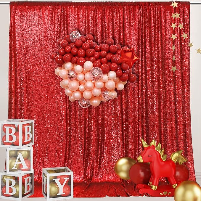 PartyDelight Red Sequin Backdrop 6x6ft Sparkly Photo Curtain | 4 Inch Rod - Image 6