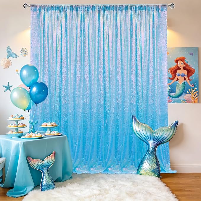 2×8FT-2PCS Mermaid Blue Sequin Backdrop Curtains Panels, Photography Backdrop - Image 2