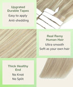 SURNEL Tape in Hair Extensions Ash Blonde Highlight Bleach Blonde Human Hair Tape in Extensions 14inch 20pcs 50g(#18P613-14)