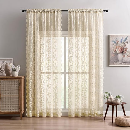 Beige Lace Curtains 102 Inches Long 2 Panels Vintage Paisley Sheer Lace Curtains - Image 2