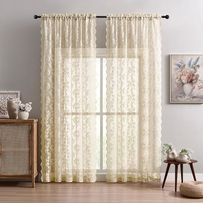 Beige Lace Curtains 80 Inches Long 2 Panels Vintage Paisley Lace Curtains - Image 2