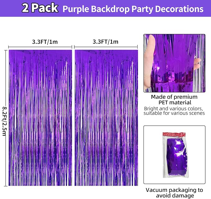 JINSUI Purple Fringe Backdrop 3.3x8.2ft, 2 Pack Streamers Party Decorations | - Image 3