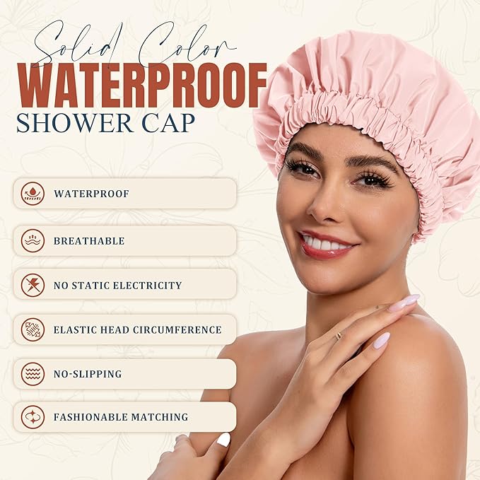 Reusable Shower Cap for Women, Stylish Large Waterproof Shower Bonnet Washable Wide Elastic Band Hair Cap for Long Hair, Braids Bath Hat(Pink)