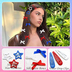 36Pcs 4th of July Red Blue White Bow Hair Clips Cheer Star Snap Hair Barrettes Water Drop No Slip Hair Clips for Women Small Hair Bows Star Bowknot Hair Accessories for Girls