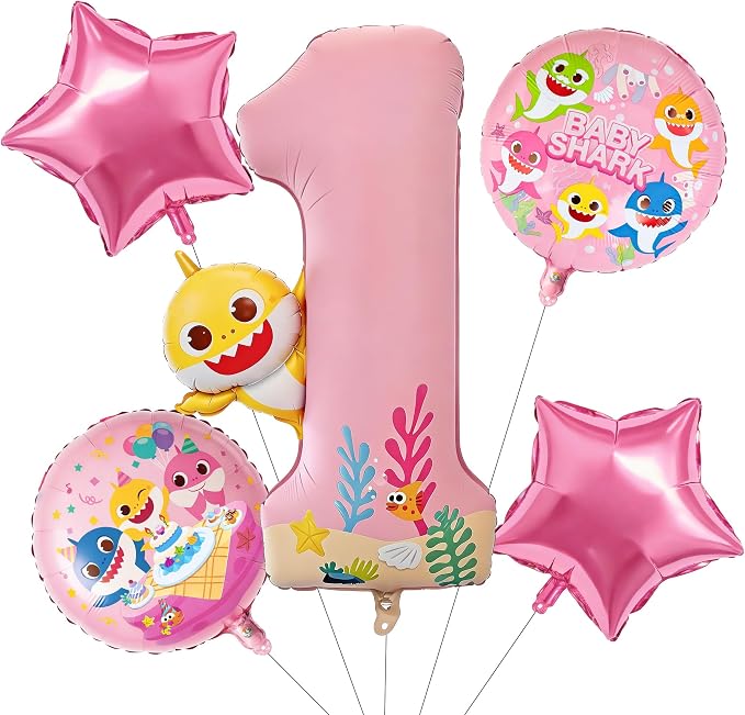 PartyWoo Baby Shark Pink Foil Round Star Mylar Number 1 Balloons 5pcs | Balloons by PartyWoo