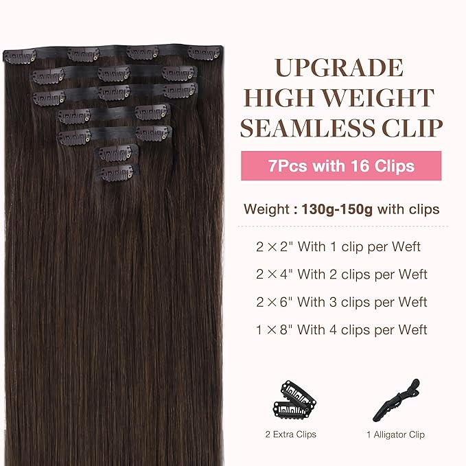 GOO GOO Clip in Hair Extensions Real Human Hair, Remy Human Hair Extensions Clip ins for Women, Natural Human Hair, 18inch 130g 7Pcs, 2A Light Brown