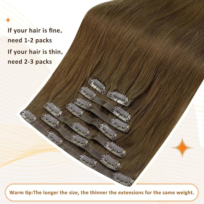 Full Shine Clip in Human Hair Extensions Medium Brown Seamless Clip in Hair Extensions Human Hair Brown Invisible Real Human Hair Extensions Clip ins PU Weft Brazilian Hair 14 Inch 8 PCS 120 G