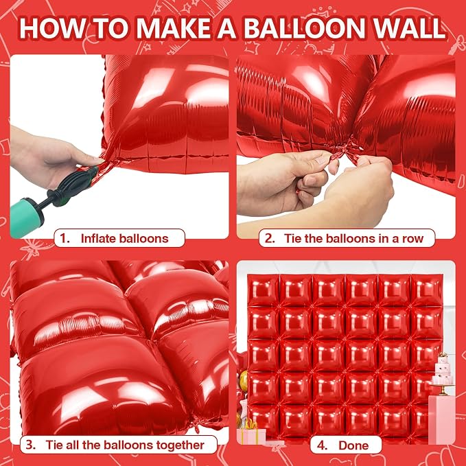 NISOCY 36PCS Metallic Red Square Foil Balloons Wall Backdrop | Double Sided Red - Image 4
