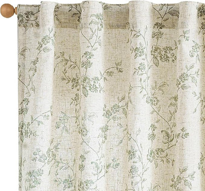 Green Vintage Floral Linen Curtains Farmhouse 38W X 63L 2 Panels | Elisa Series by Lazzzy