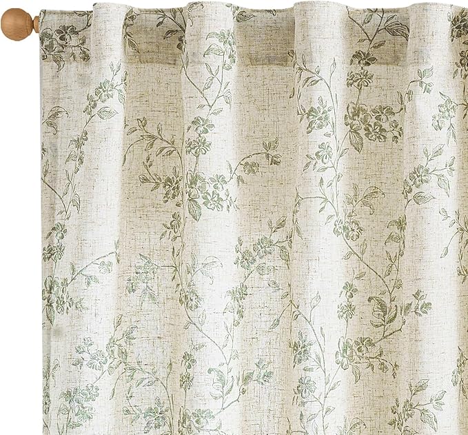 Extra Long Green Vintage Floral Linen Curtains Farmhouse 2 Panels | Elisa by Lazzzy