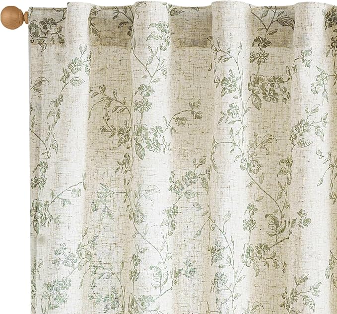 Green Vintage Floral Linen Curtains Farmhouse 38W X 96L 2 Panels | Elisa Series by Lazzzy