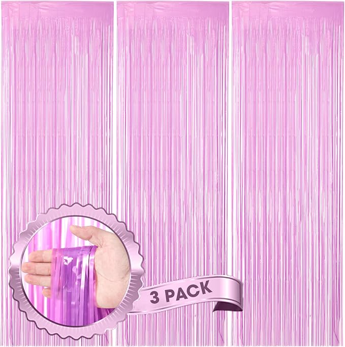 Voircoloria Pastel Purple Foil Fringe Backdrop Curtains, 3 Pack | Tinsel by Voircoloria