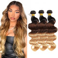 Ombre Brown Bundles Human Hair Blonde Body Wave Bundle Niegmeag Virgin Remy Hair 3 Bundles 16 18 20 Inch Double Weft 3 Tone Brown and Honey Blonde Body Wave Bundle