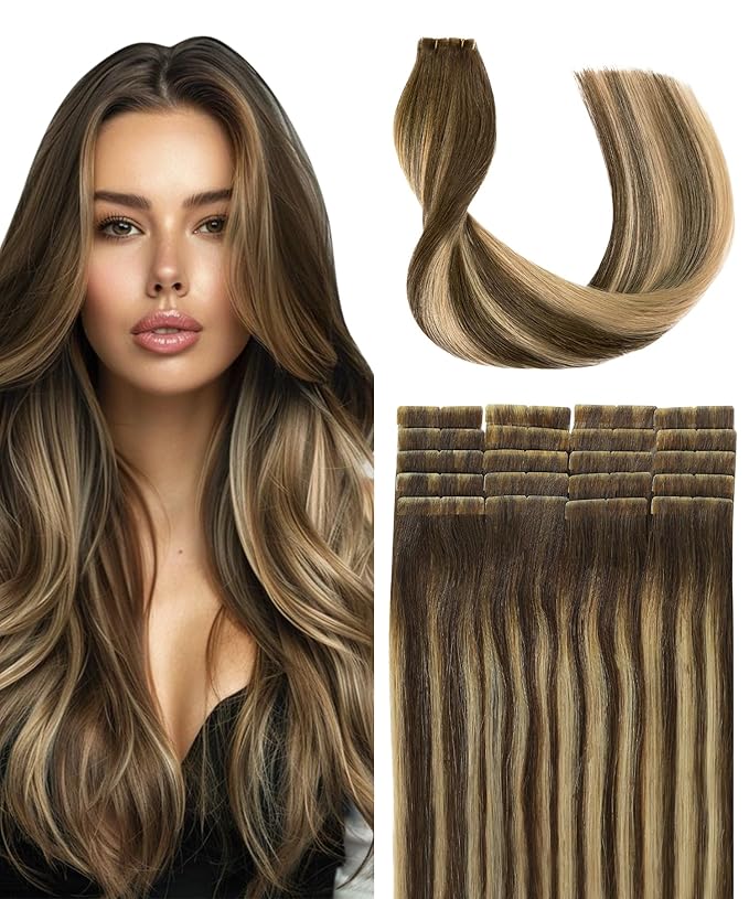 SURNEL Invisible Tape in Hair Extensions 22Inch Chocolate Brown to Caramel Blonde Seamless Injected Tape in Extensions Human Hair 20Pcs 50g(#4274,22)