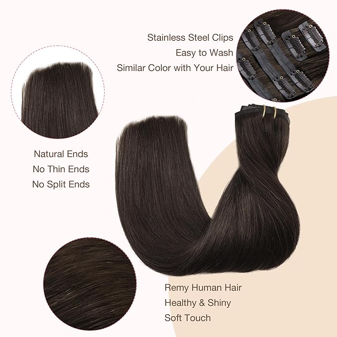 GOO GOO Clip in Hair Extensions Real Human Hair, Remy Human Hair Extensions Clip ins for Women, Natural Human Hair, 14inch 110g 7Pcs, 2A Light Brown