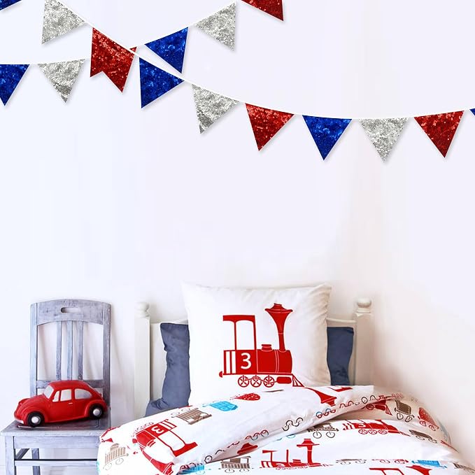 pinkblume Red Blue Silver Decorations Double Sided Sequin Fabric Triangle - Image 4