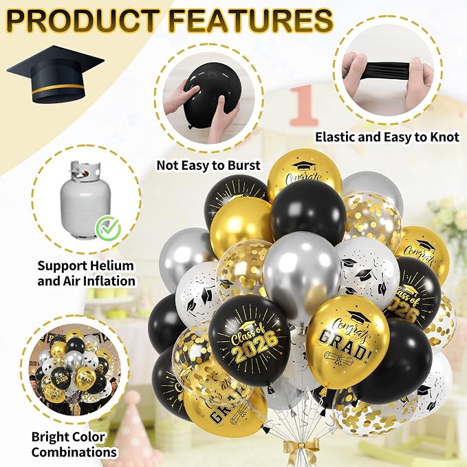 Black and Gold Graduation Balloons, 12 Inch Metallic Silver Gold Confetti Latex - Image 3