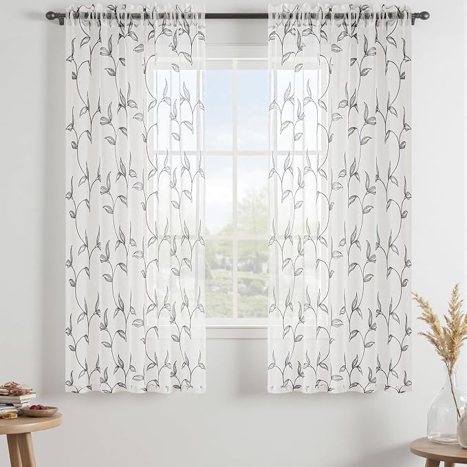 Sheer Curtains Boho Leaf Floral Embroidered Grey 54Wx63L | Light Filtering Semi - Image 2