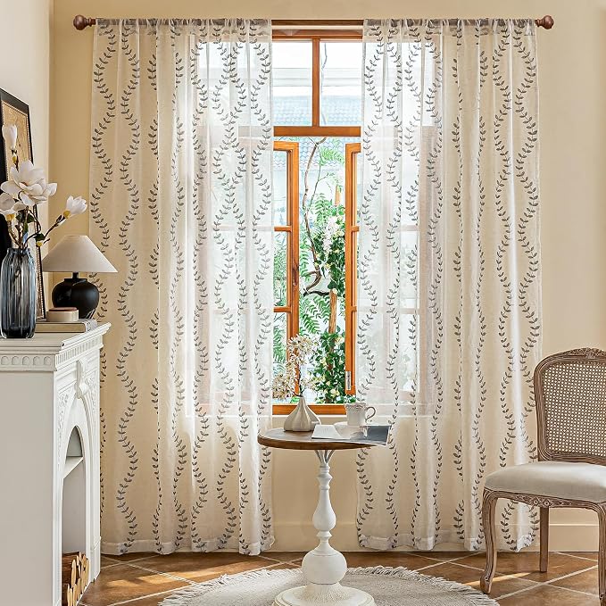 2 Panels Linen Leaf String Floral Embroidered Semi Sheer Curtain Farmhouse - Image 2