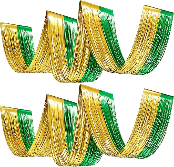 4 Pcs 15ft Gold Green Metallic Foil Ceiling Fringe Curtains, Fringe Drapes by Breling