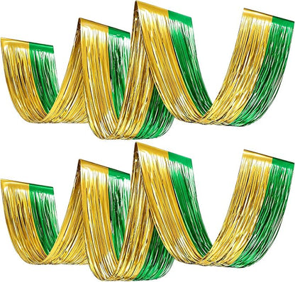 4 Pcs 15ft Gold Green Metallic Foil Ceiling Fringe Curtains, Fringe Drapes by Breling