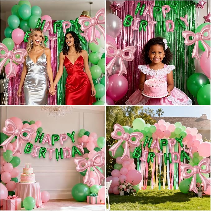 Pink and Green Happy Birthday Balloons, 31”Huge Pink Bow Aluminum Foil Balloons - Image 4
