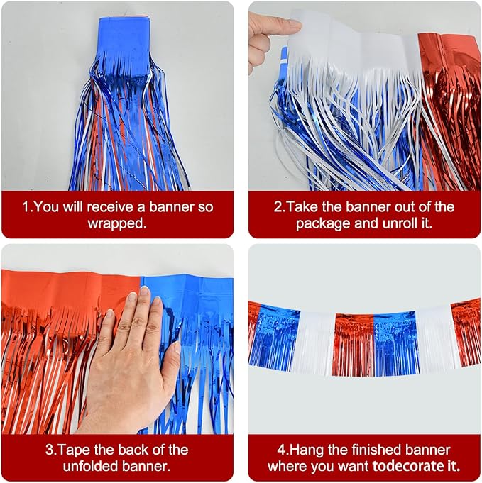 BEISHIDA Red White Blue Fringe Garland Banner Wall Tinsel Foil Streamers | 3Pack - Image 3