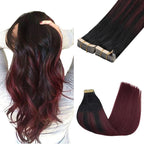 GOO GOO Tape in Hair Extensions Human Hair, 1/99 Balayage Jet Black to Red, 18inch 100g 40pcs, Skin Weft Seamless Invisible, Silky Straight with Thick Ends, Remy Human Hair