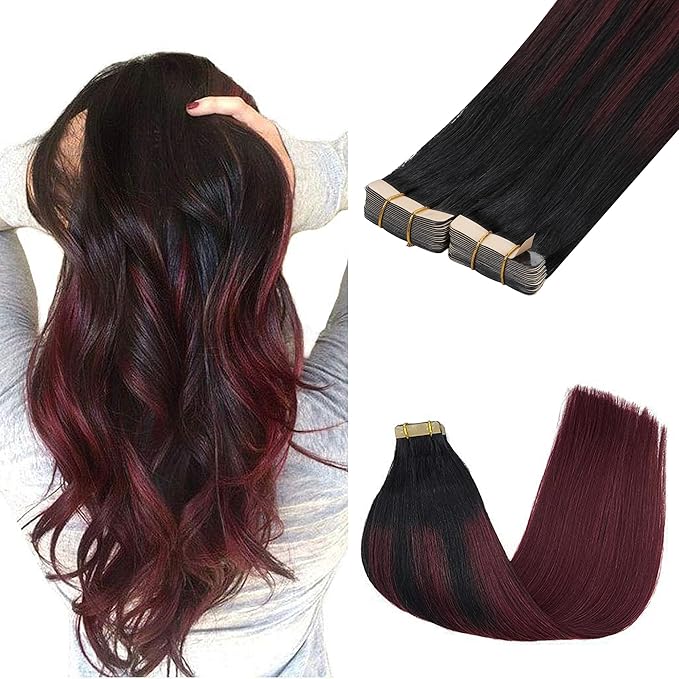 GOO GOO Tape in Hair Extensions Human Hair, 1/99 Balayage Jet Black to Red, 12inch 80g 40pcs, Skin Weft Seamless Invisible, Silky Straight with Thick Ends, Remy Human Hair