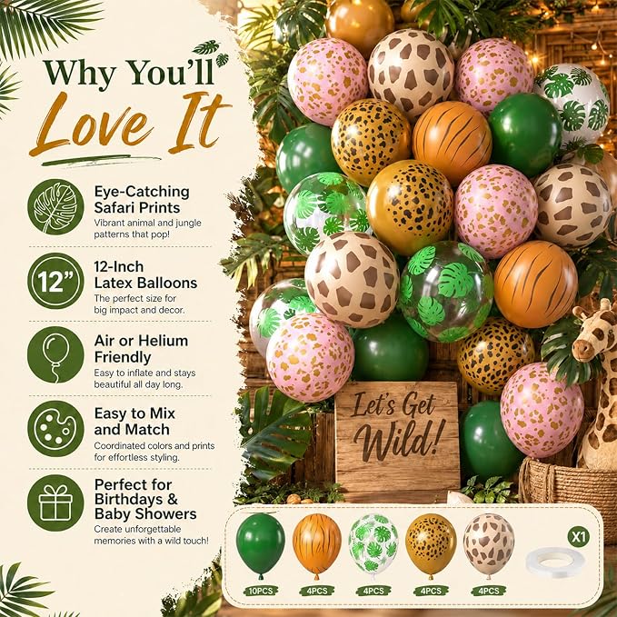 Jungle Safari Balloons, 12 Inch Dark Metallic Green Gold Confetti Deer Paw - Image 4