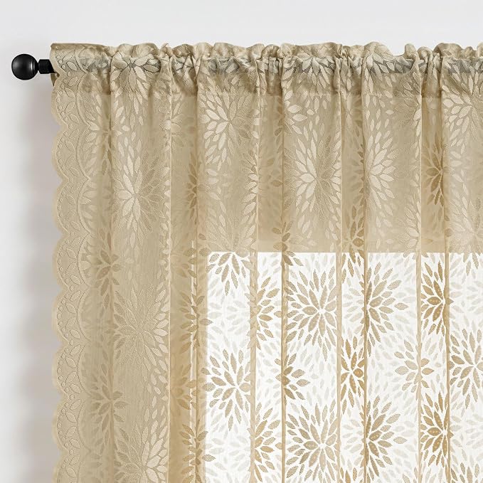 MIULEE Vintage Floral Scalloped Lace Curtains 2 Panels, Semi Sheer Curtains - Image 6