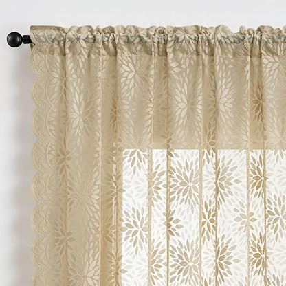 MIULEE Vintage Floral Scalloped Lace Curtains 2 Panels, Semi Sheer Curtains - Image 6