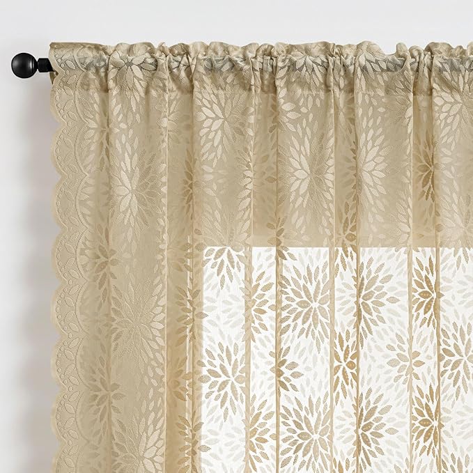 MIULEE Vintage Floral Scalloped Lace Curtains 2 Panels, Semi Sheer Curtains - Image 6